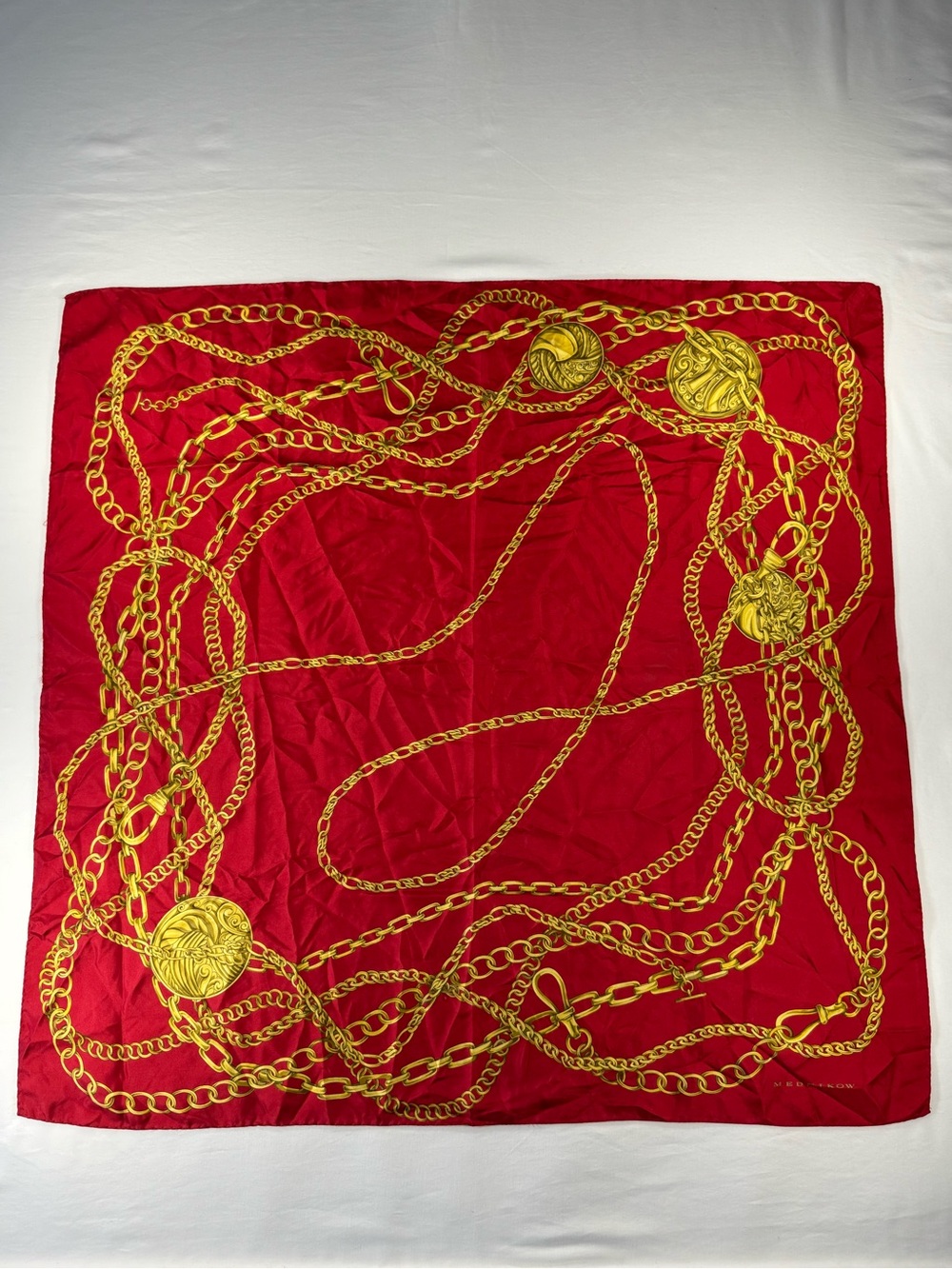 RARE VTG Mednikow Jewelers Silk Scarf Made In Italy Hand-Rolled Red Gold Chain